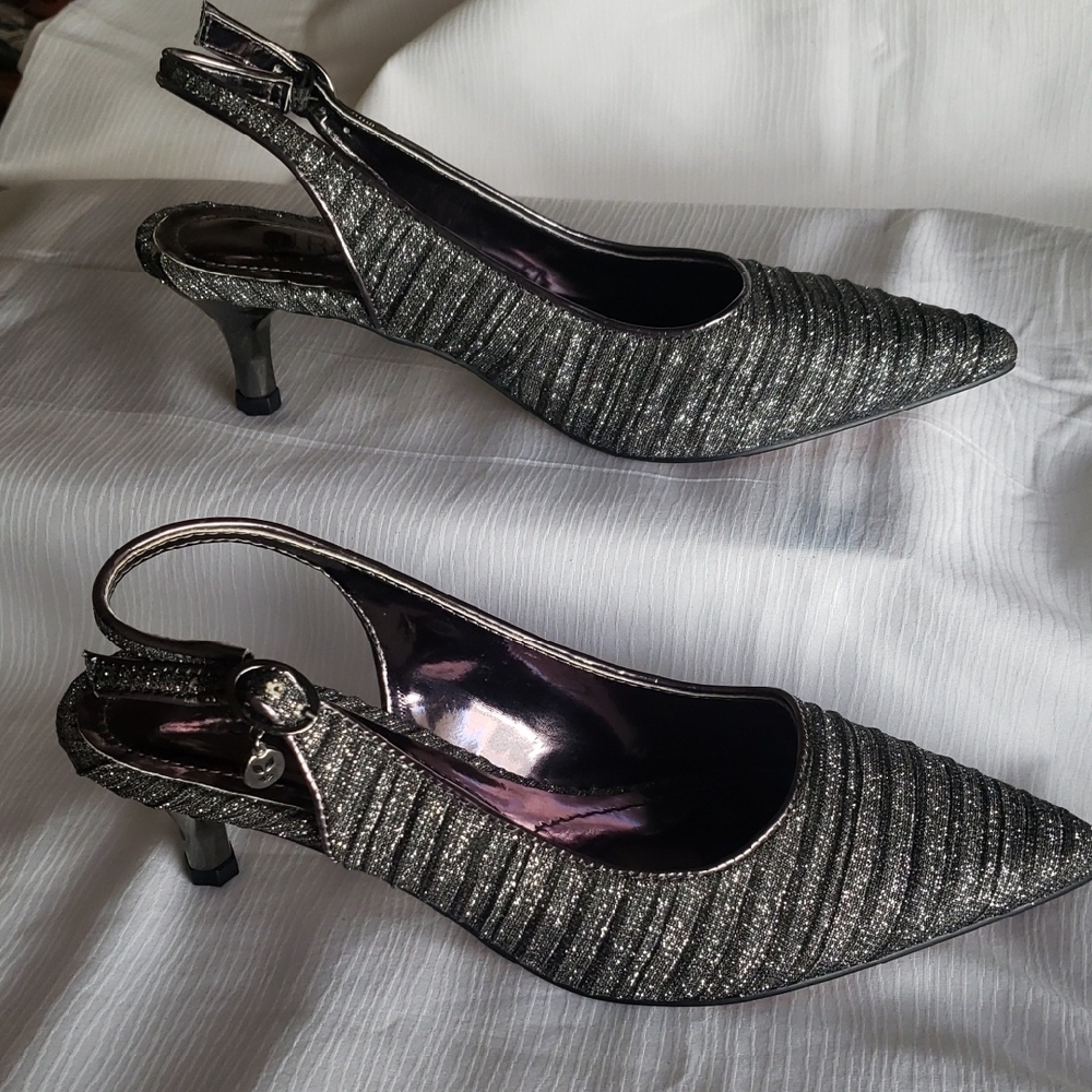 J.Reneé Batista Sophisticated Silver Slingback Heels with Textured Design,New